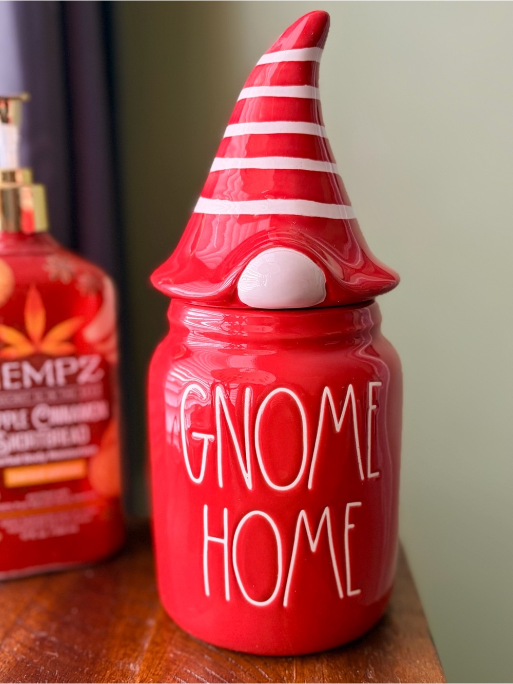 Rae Dunn Crimson Red 'Gnome Home' Ceramic Holiday Food Storage Jar with Lid - Picture 2 of 8